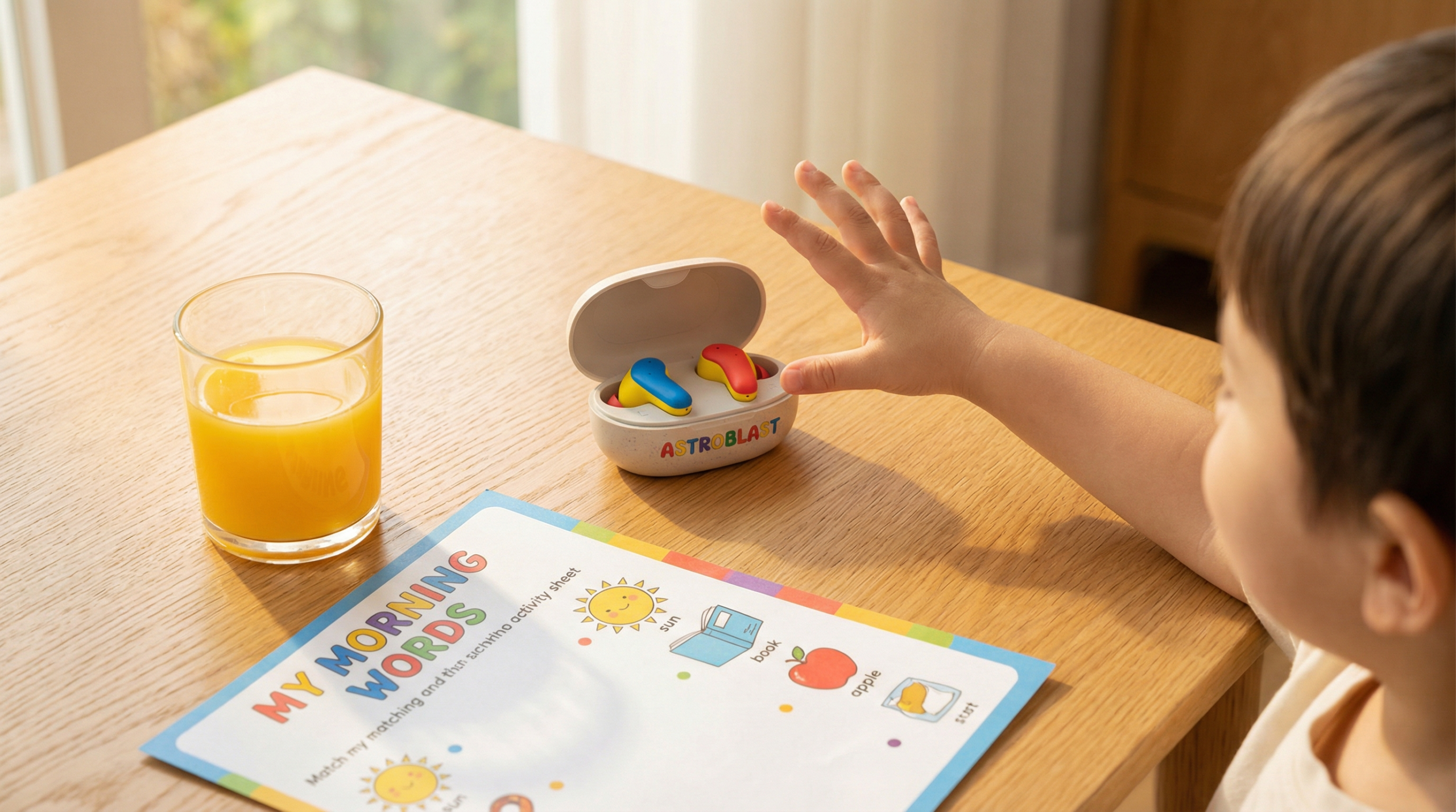 明るい朝の食卓で、子どもの手がカラフルなイヤフォンに伸びている