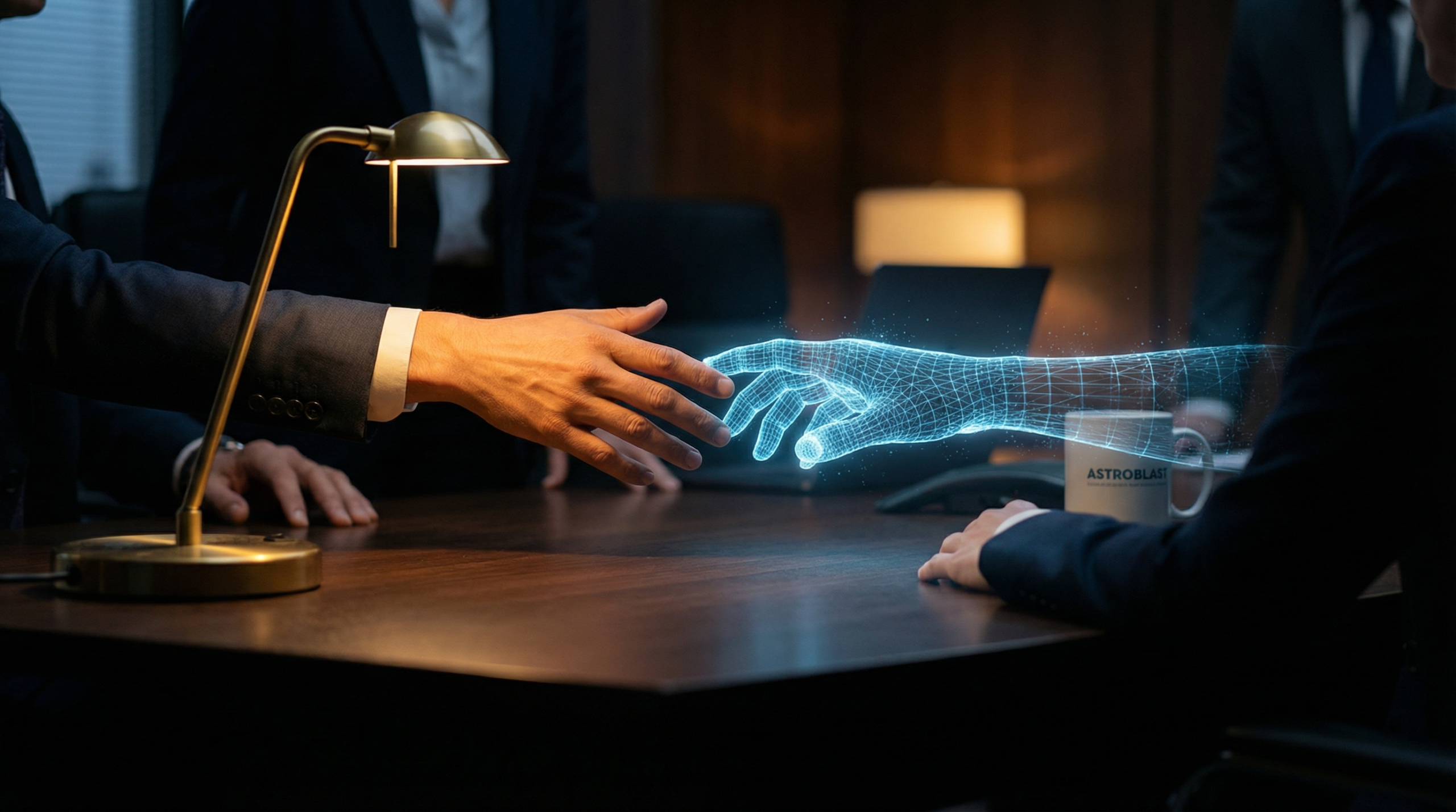 AIのホログラフィックな手と人間の手が向かい合うビジネスシーン