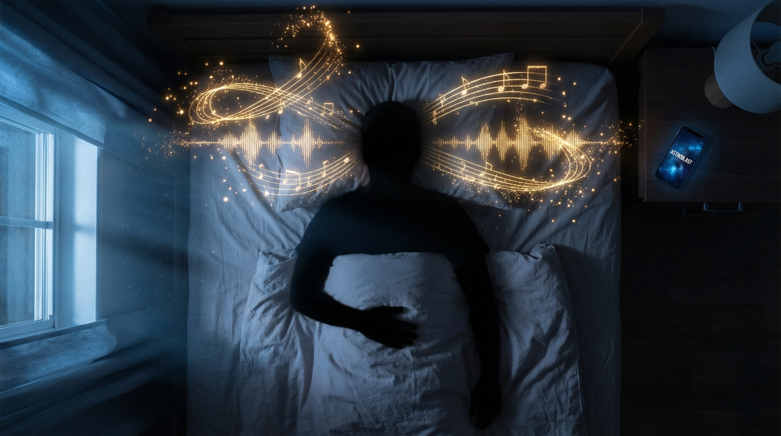 深夜のベッドで眠る人のシルエットと頭上に浮かぶ金色のフレーズ