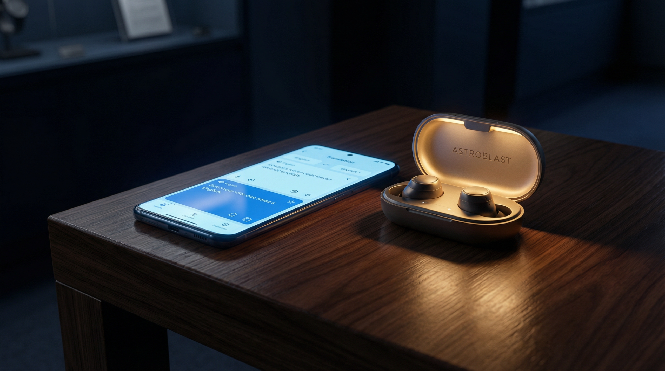 ダークなテーブルの上のスマートフォン翻訳アプリと金色に光るワイヤレスイヤホン