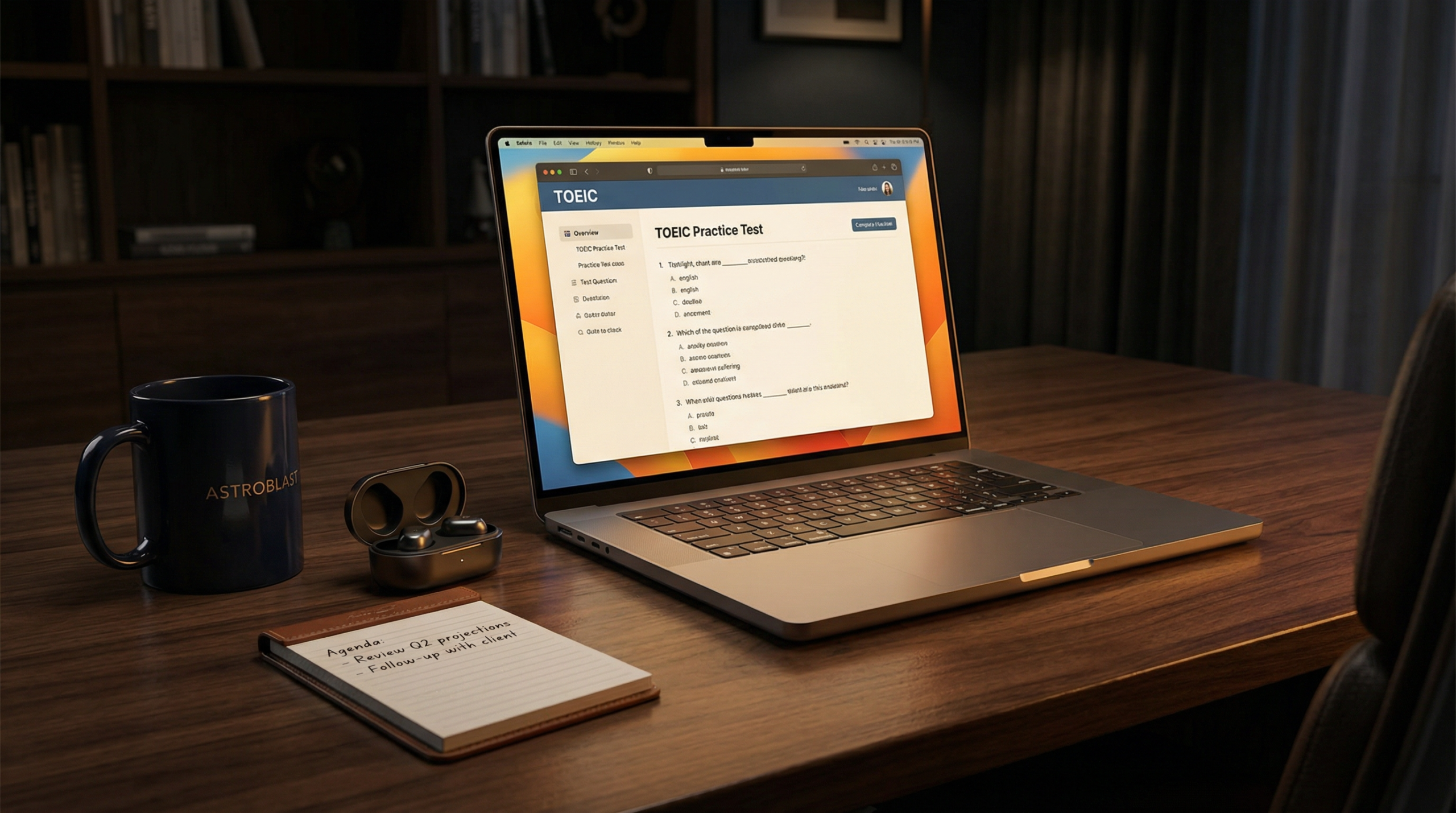 TOEIC模試とコーヒーマグとイヤホンが並ぶデスク