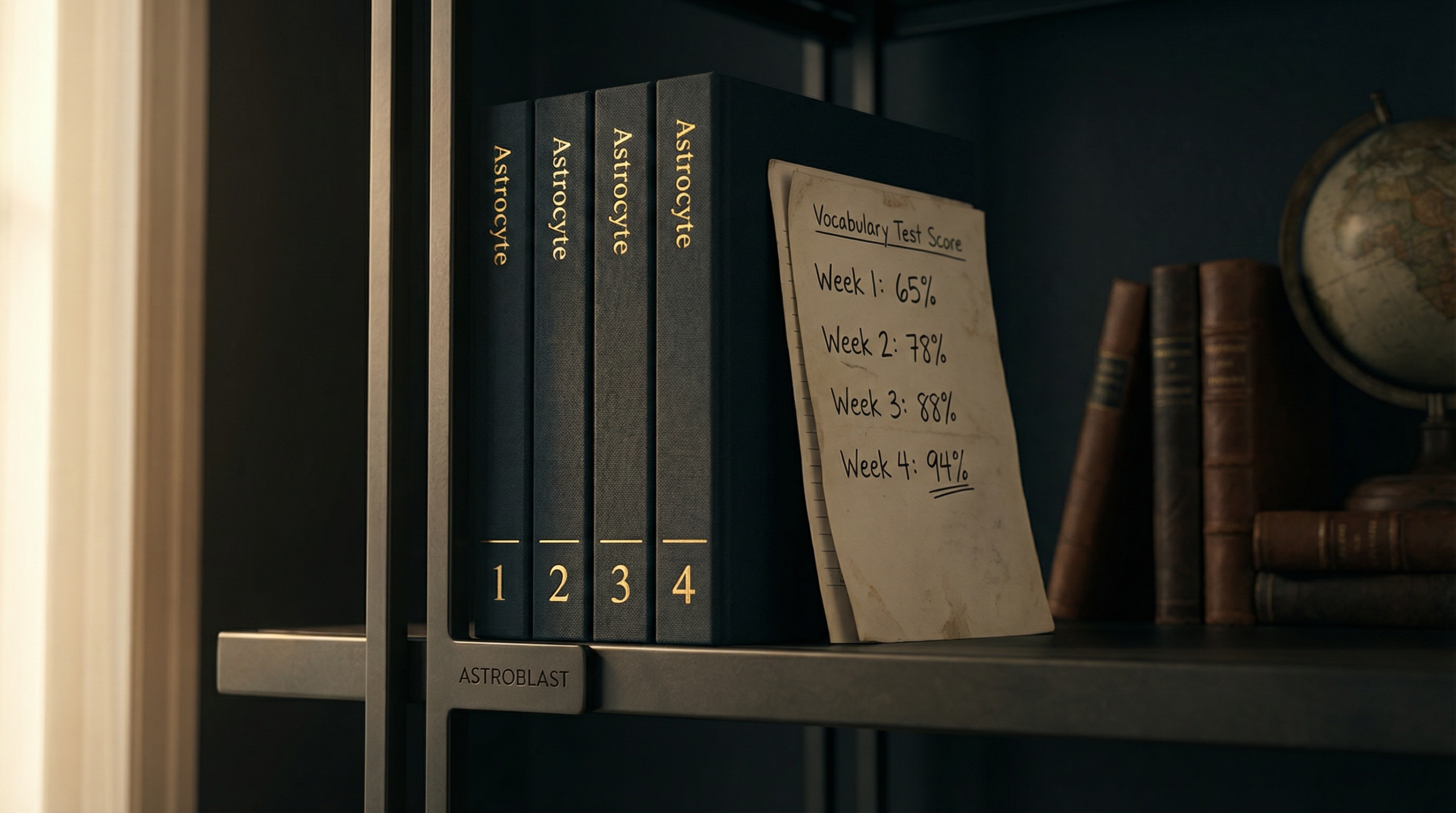 暗い棚に並ぶAstrocyteシリーズ4枚のアルバムと語彙テストのスコアシート