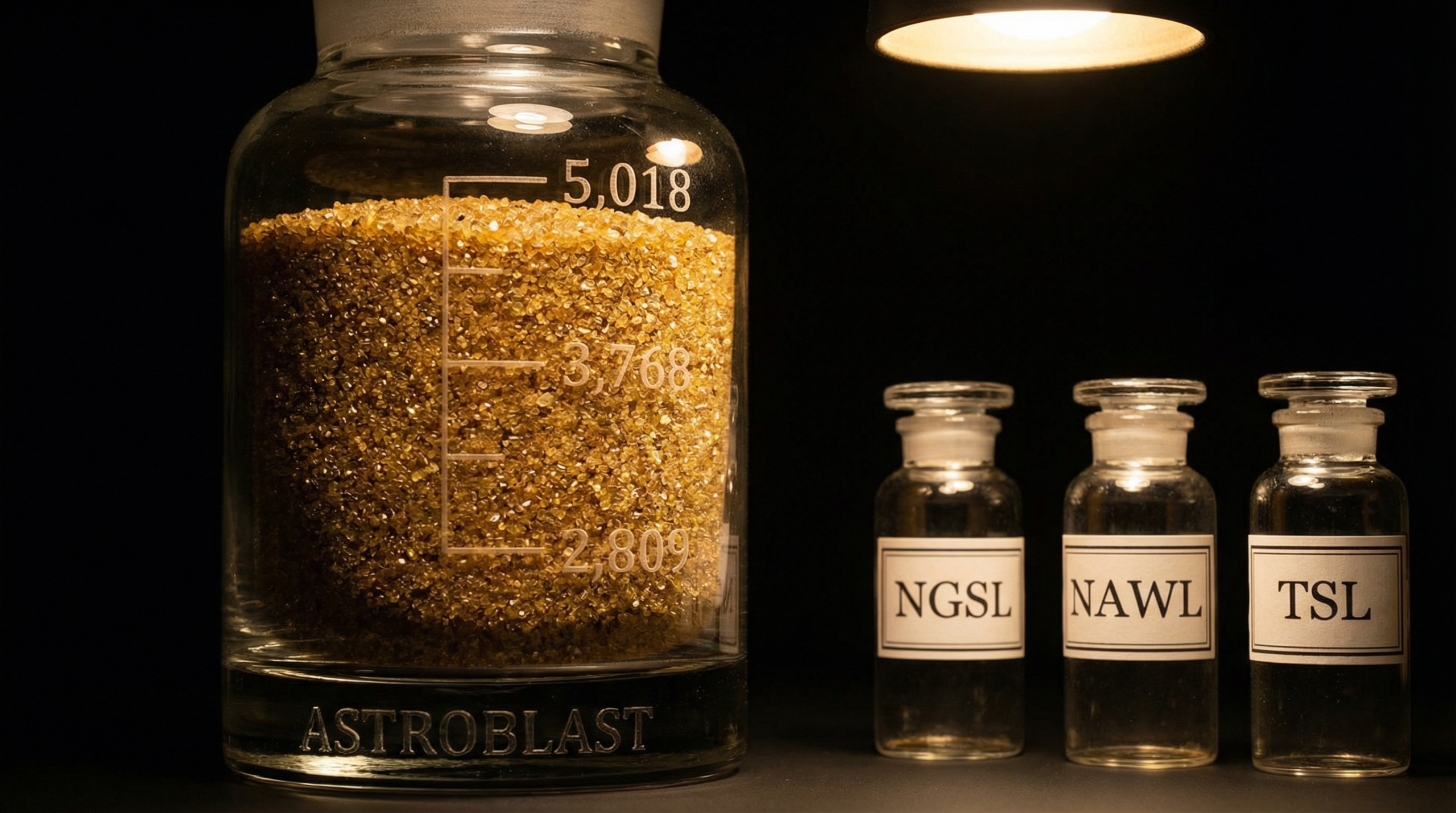 ガラス瓶に正確に計量された金色の砂粒、目盛りに2809・3768・5018の数字