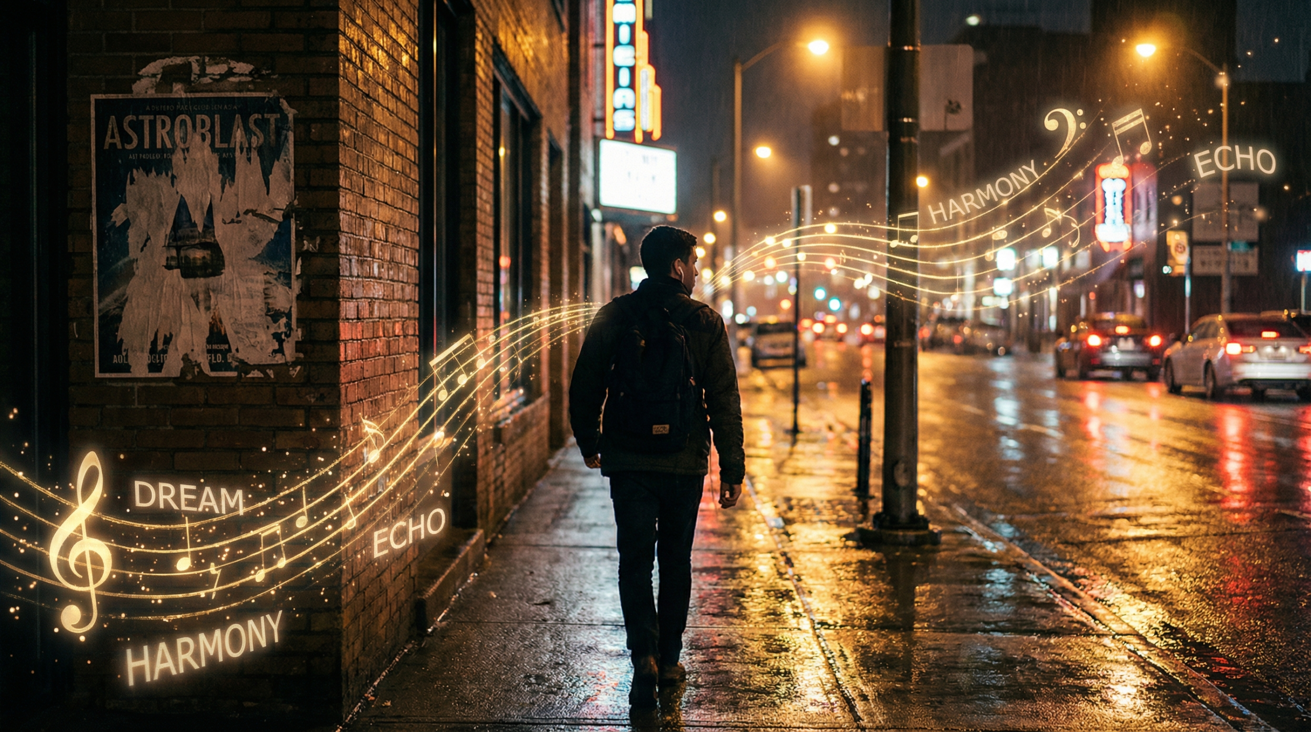 夜の街でイヤホンから音符が浮かぶ