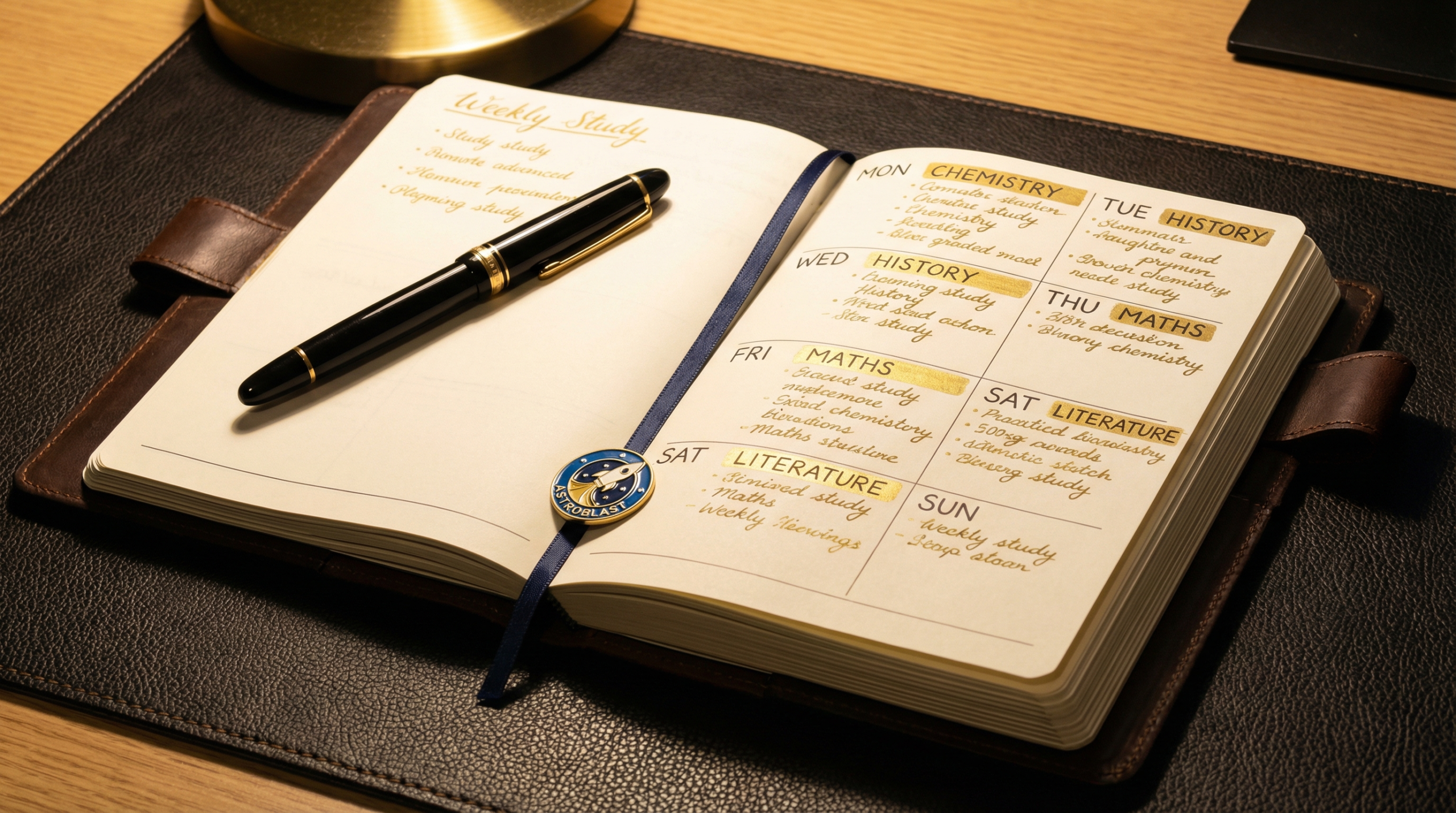 手帳の週間スケジュールにゴールドのインクで学習ブロックが記された計画ページ
