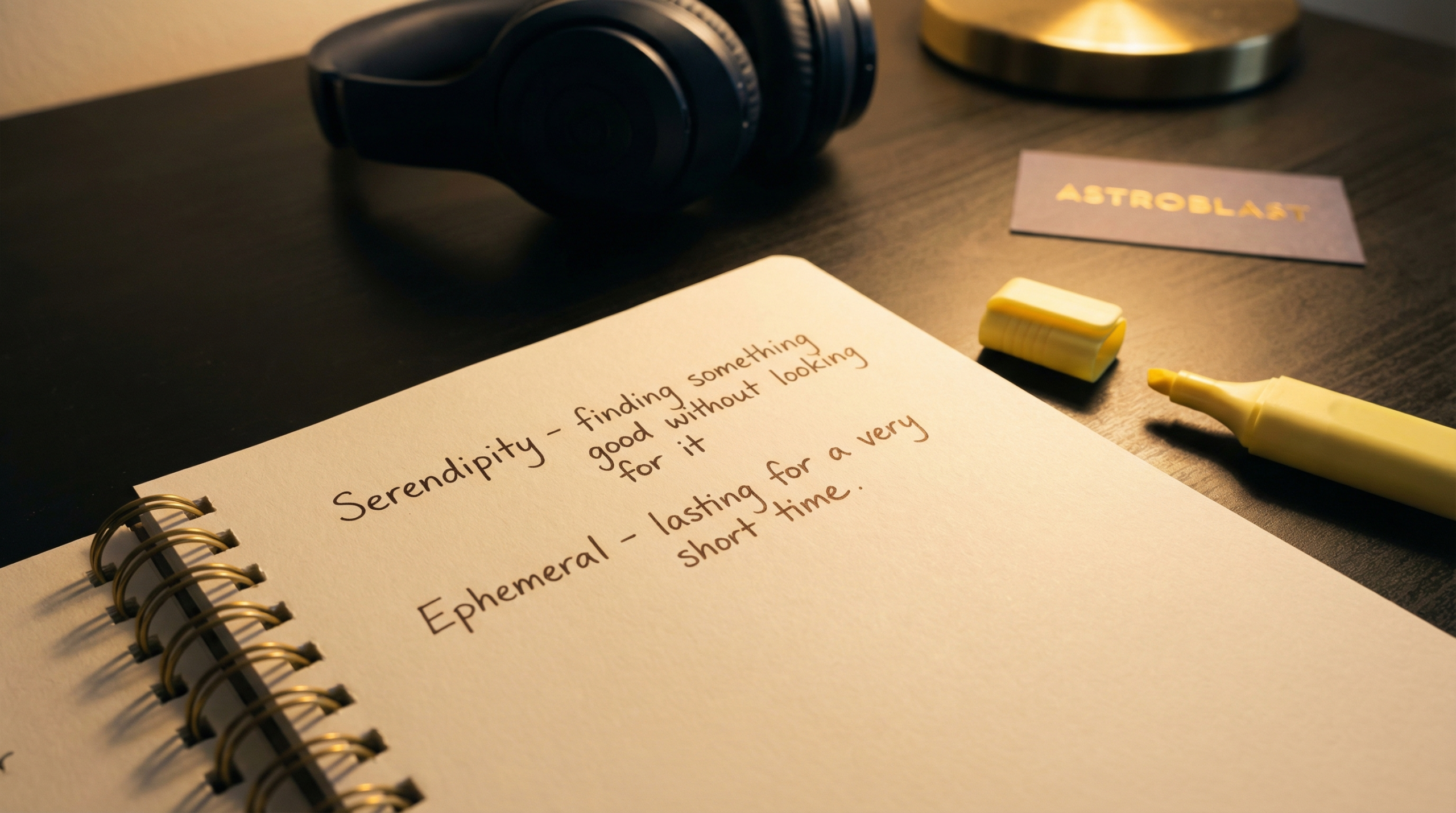 暗い机の上に開かれたノートと手書きの英単語メモ、背景にヘッドフォンとASTROBLASTカード