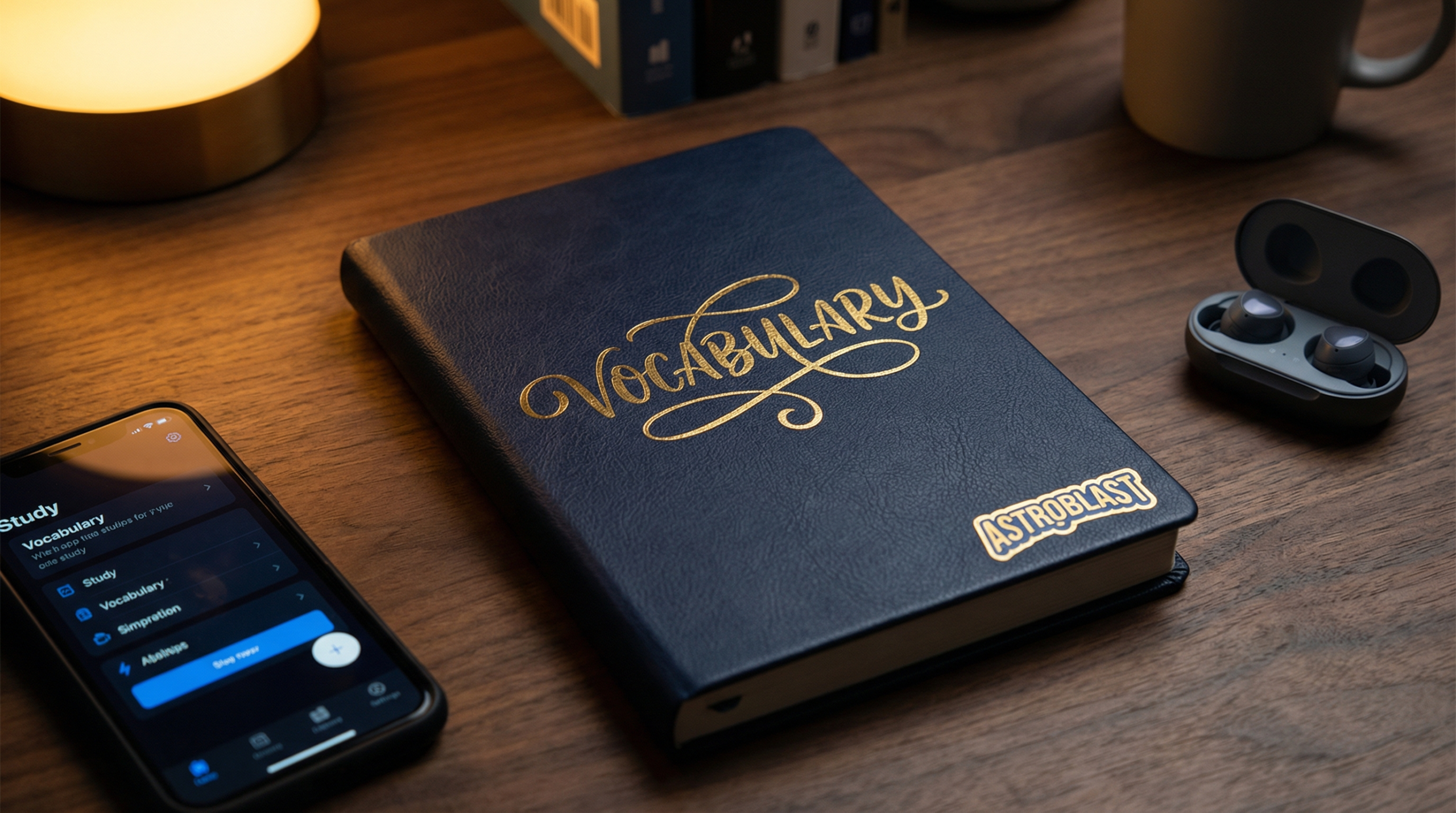 ダークな机の上のVOCABULARYノート、スマートフォン、イヤホン