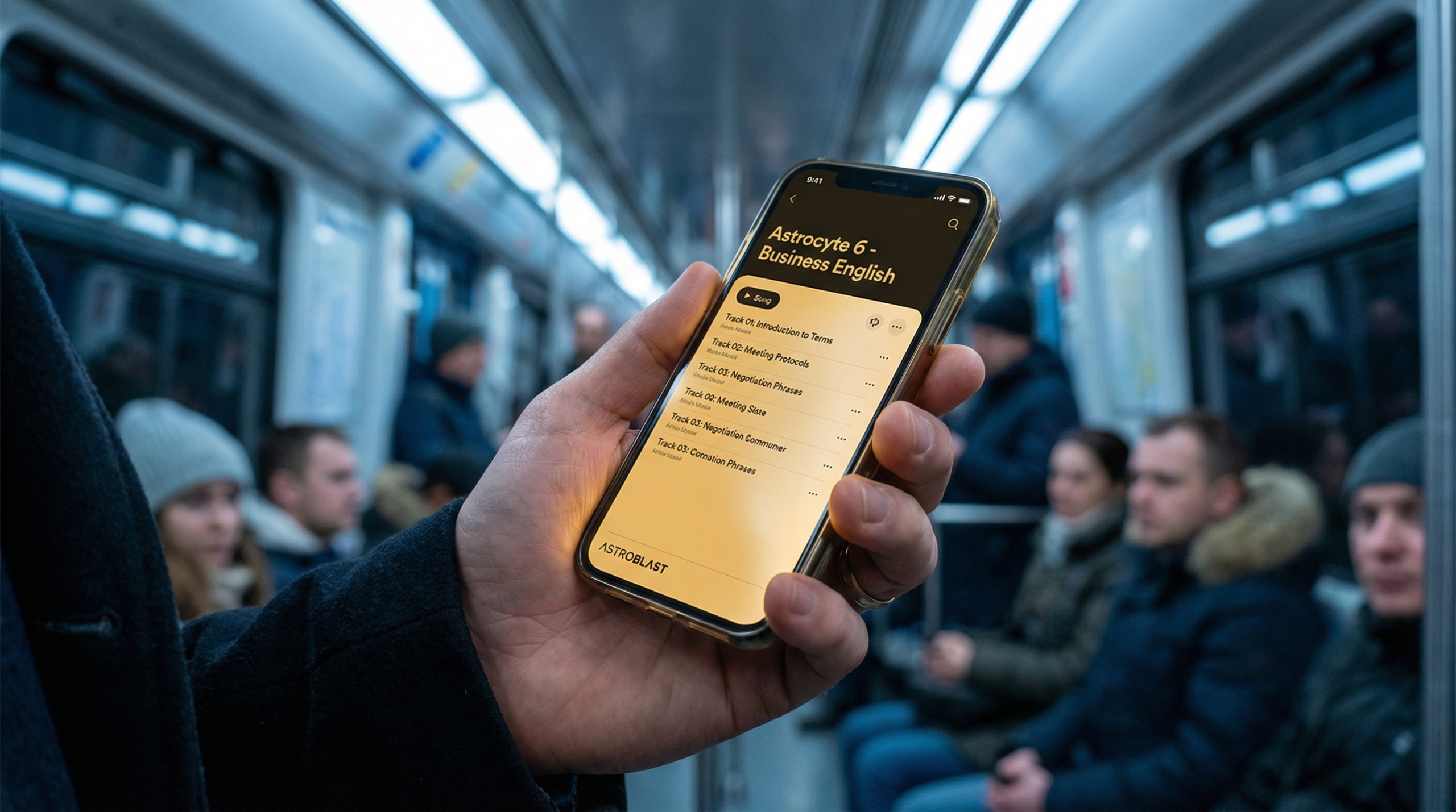 通勤電車でAstrocyte 6のプレイリストを再生するスマートフォン