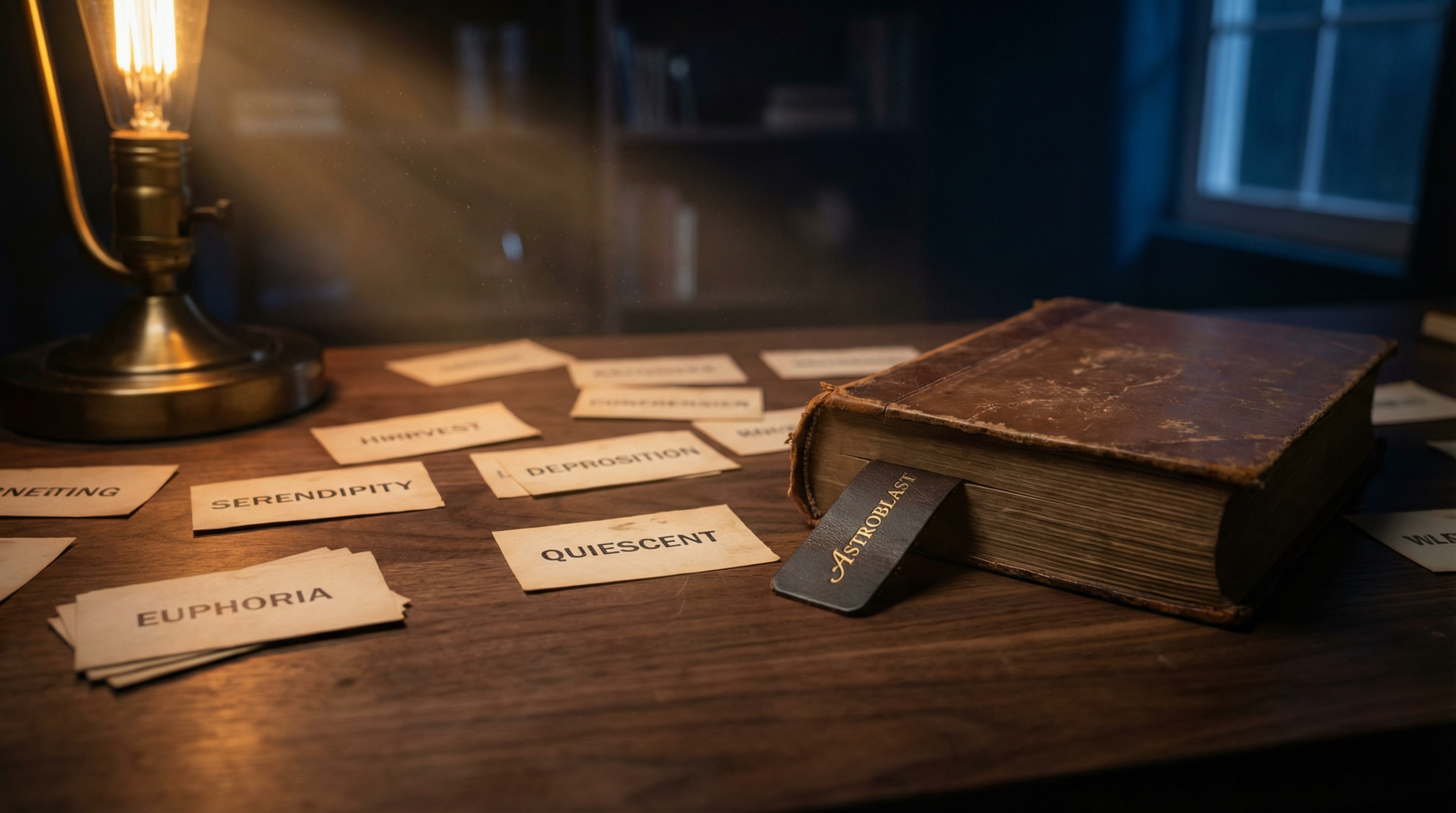 夜の机に散らばった英単語フラッシュカードと閉じた単語帳