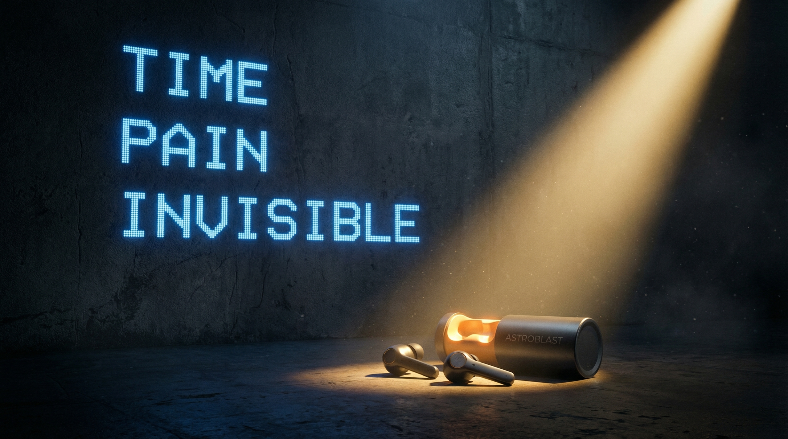 暗い壁に投影されたTIME・PAIN・INVISIBLEの文字と温かく光るイヤホン