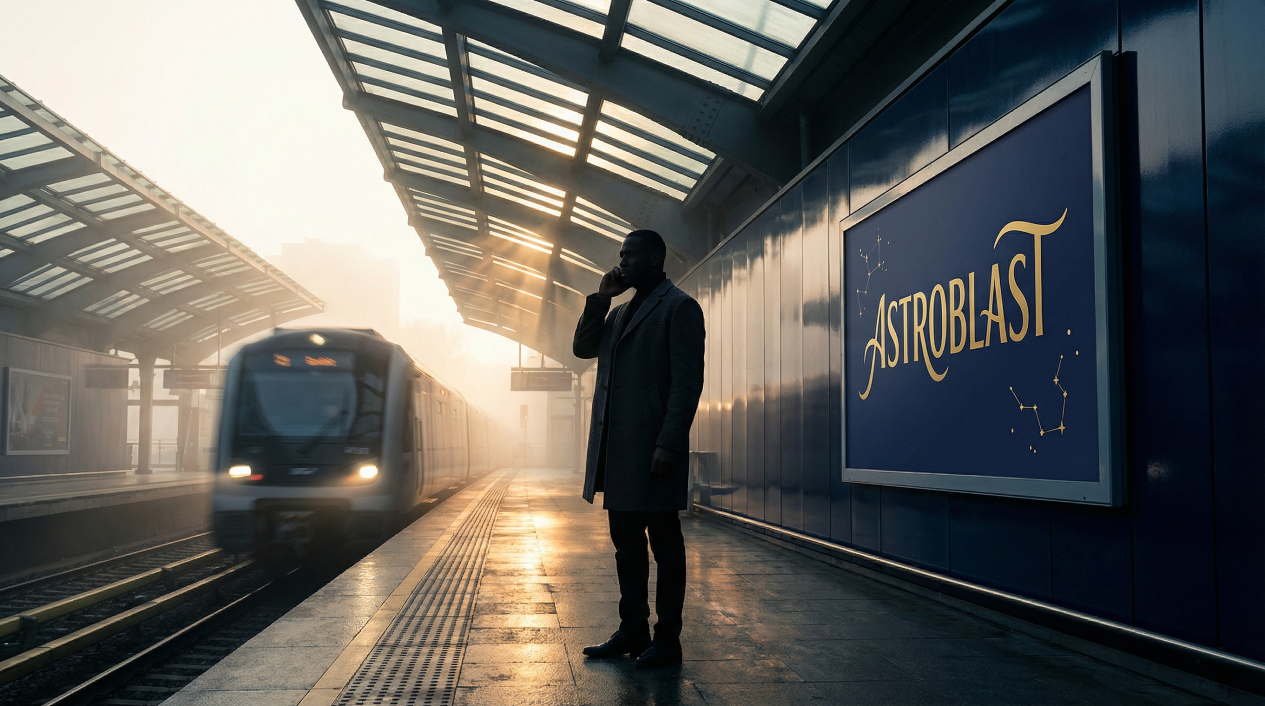 朝の駅ホームでイヤホンをつけるビジネスパーソン