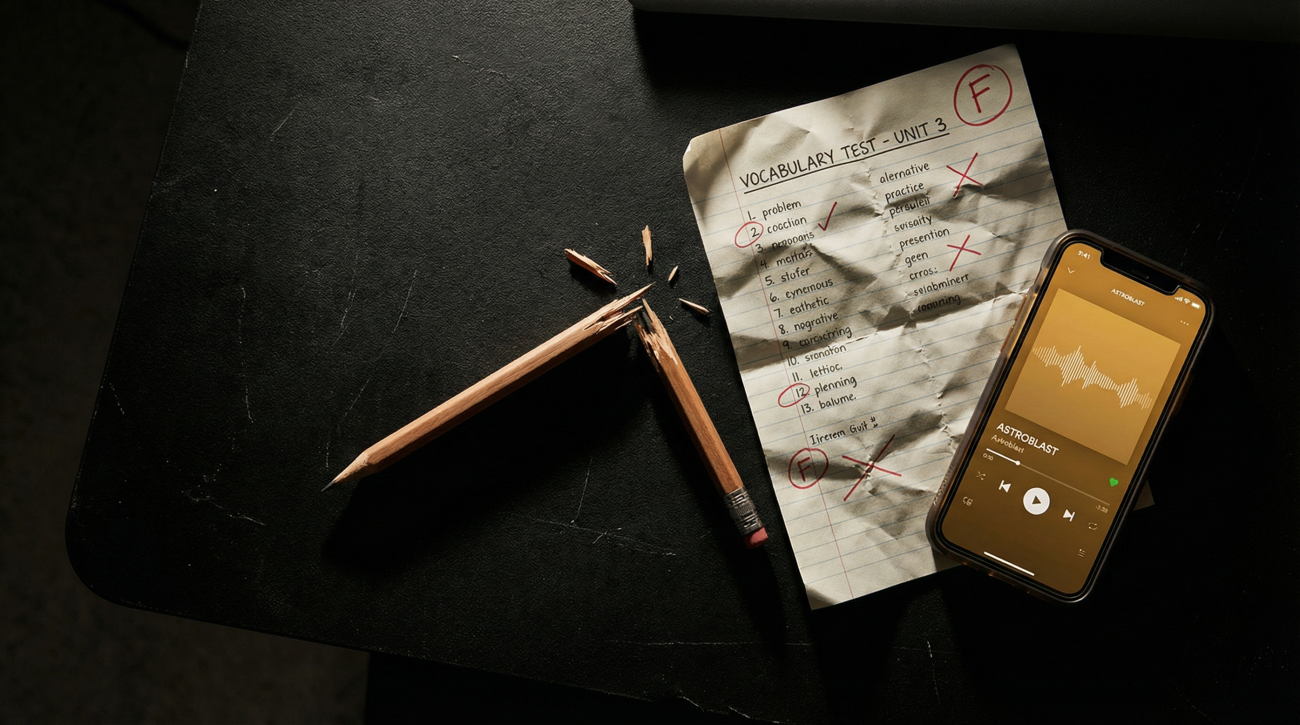 折れた鉛筆とくしゃくしゃの単語テスト用紙の横で温かく光るスマートフォンの音楽プレイヤー