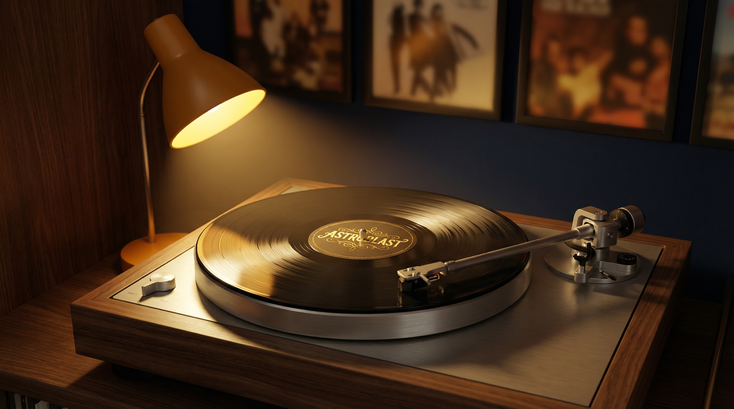 レコードプレーヤーとASTROBLASTの金箔レーベル