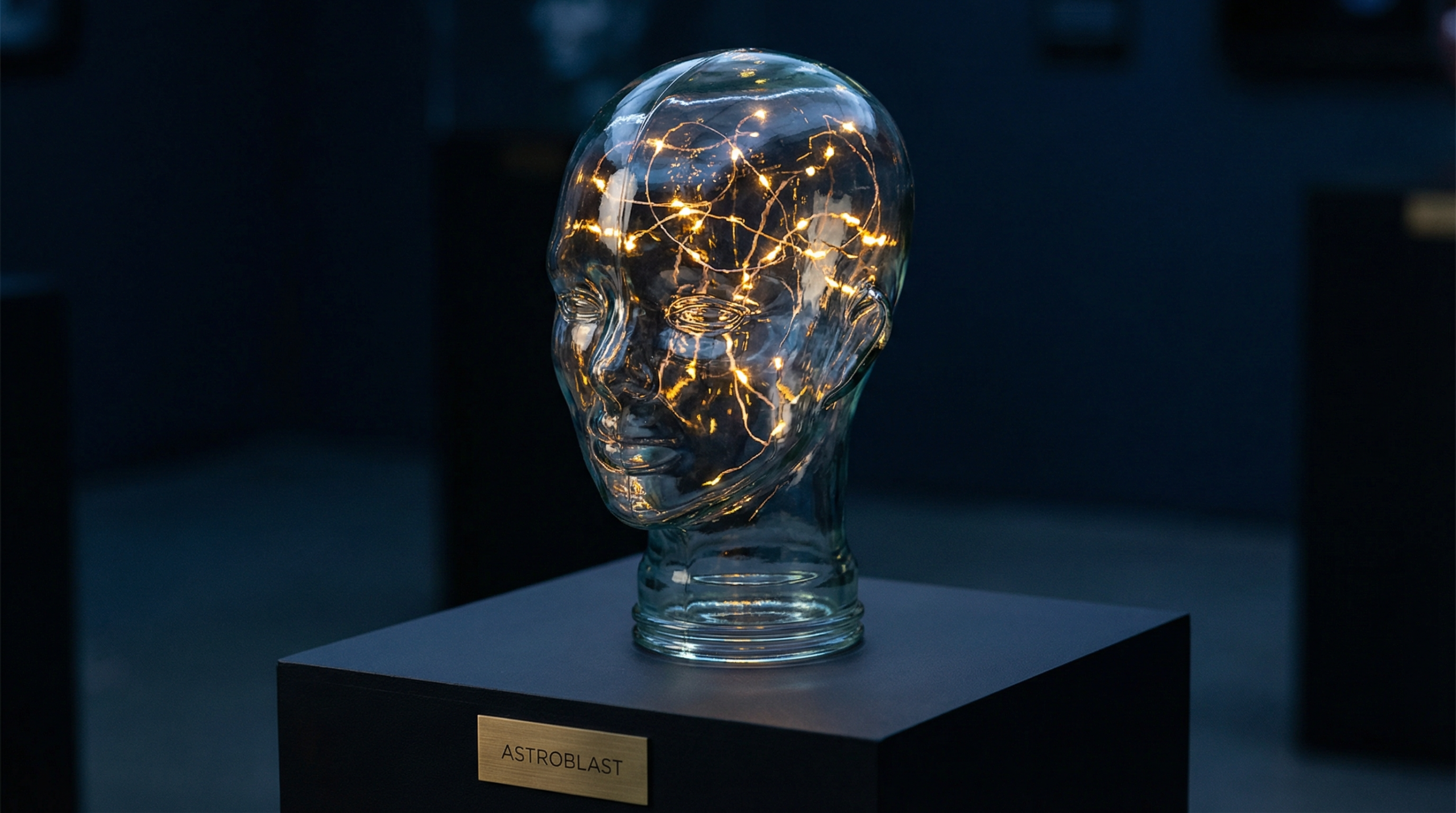 ガラスの頭部彫刻の中で金色の神経回路が光る