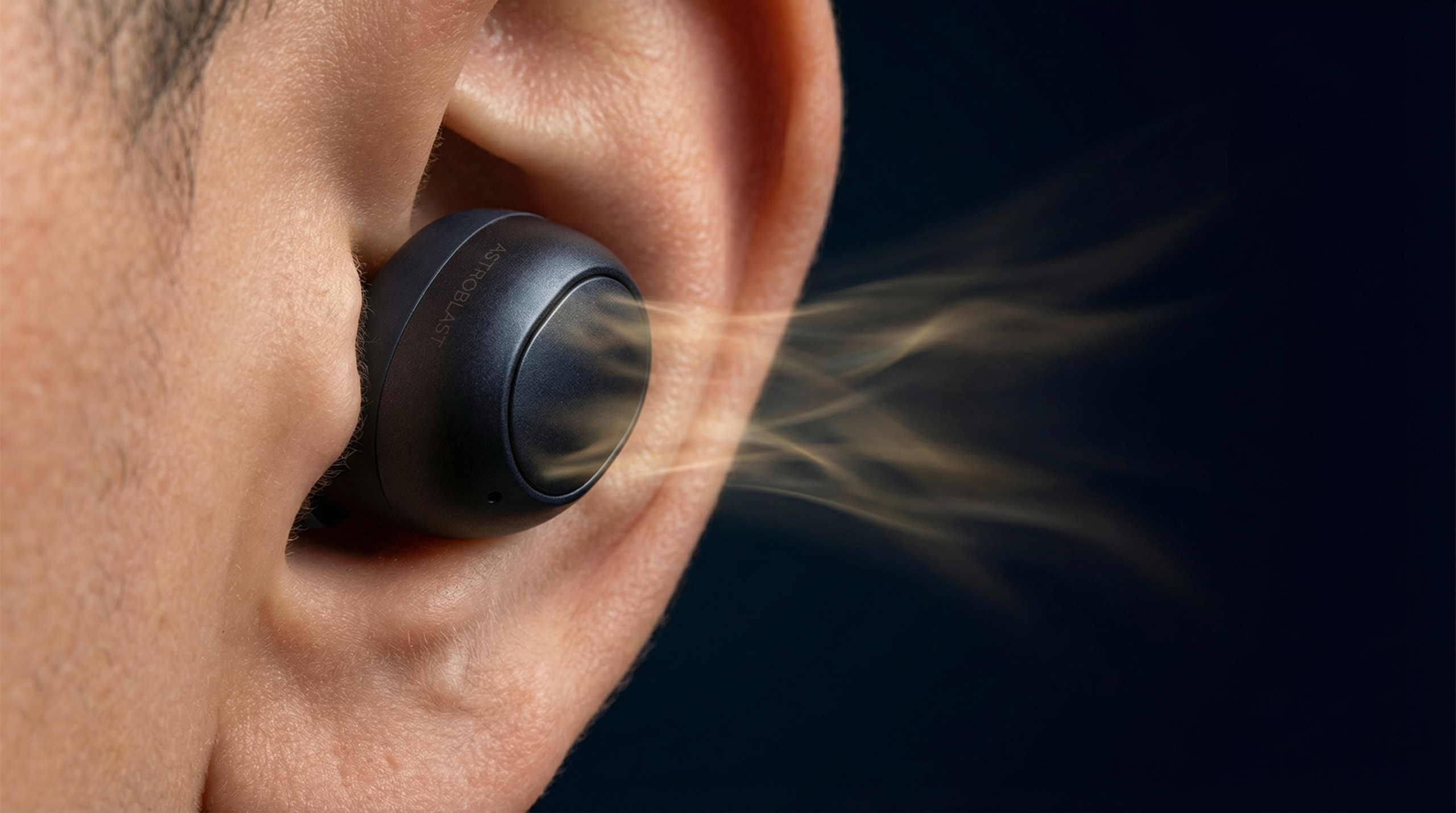 イヤホンを装着した耳のクローズアップと金色の音波