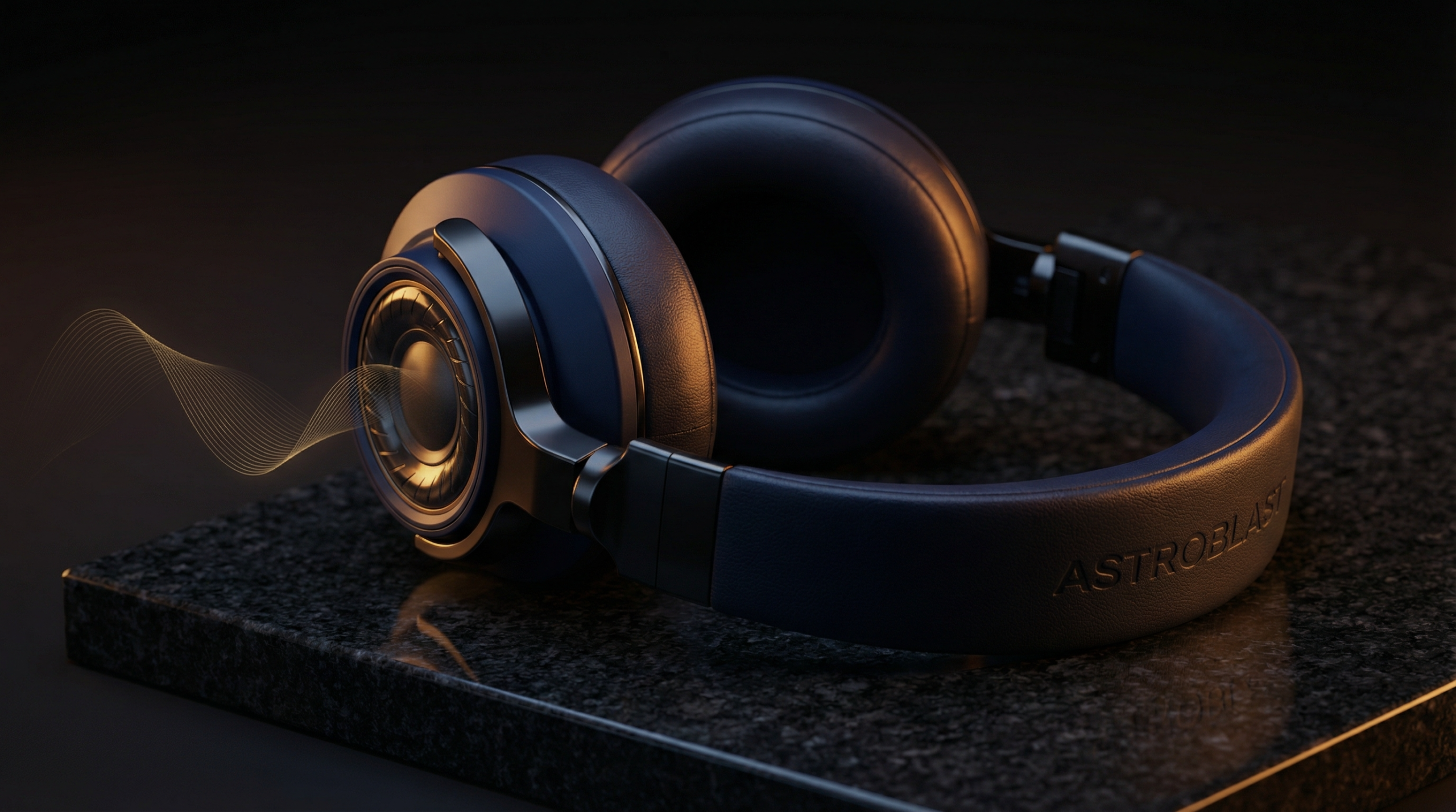 ダークな背景にプレミアムヘッドフォンと金色の音波ビジュアル