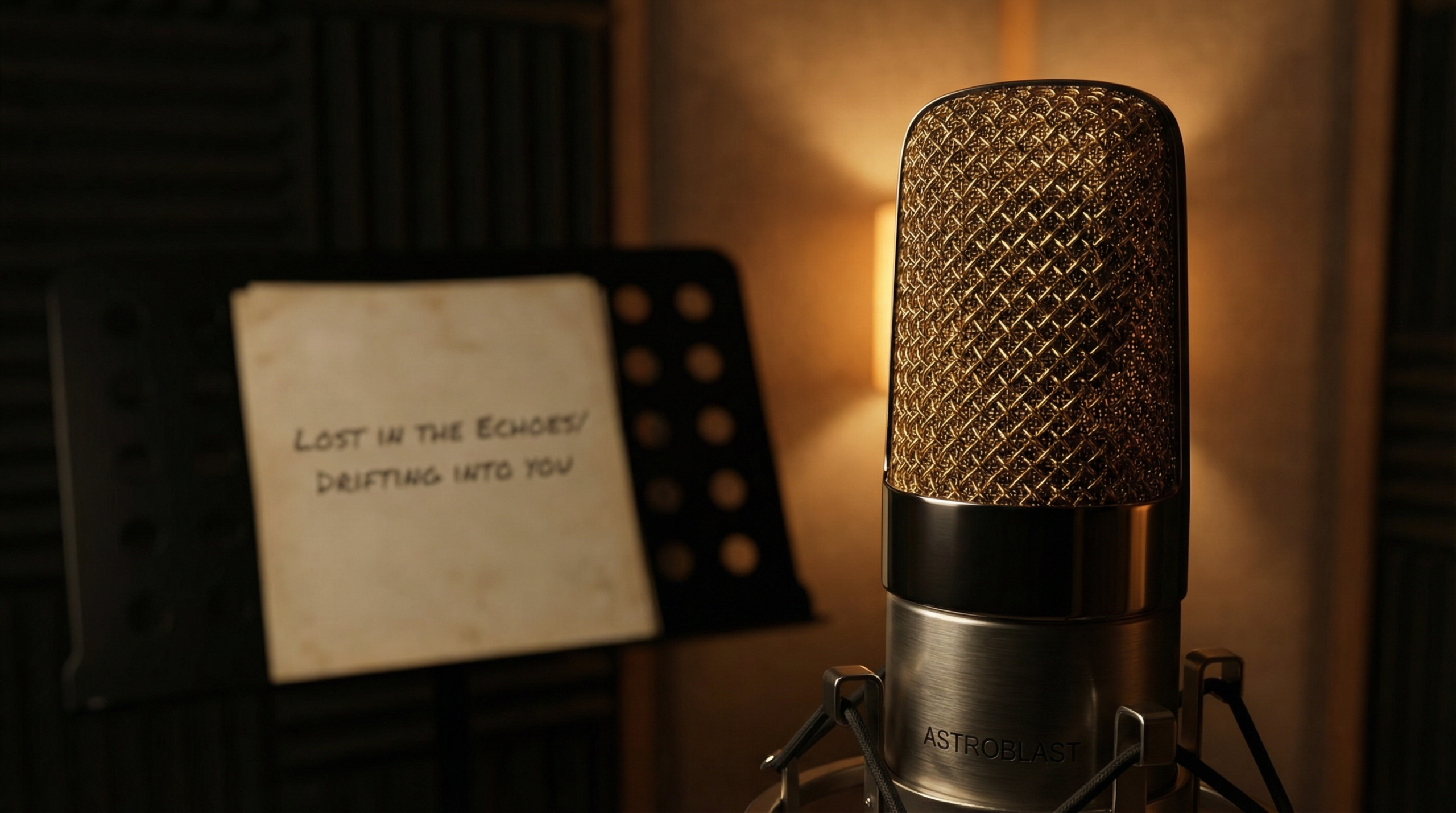 ダークな録音ブースでゴールドメッシュのコンデンサーマイクが光り、背後の譜面台に英語の歌詞が見える