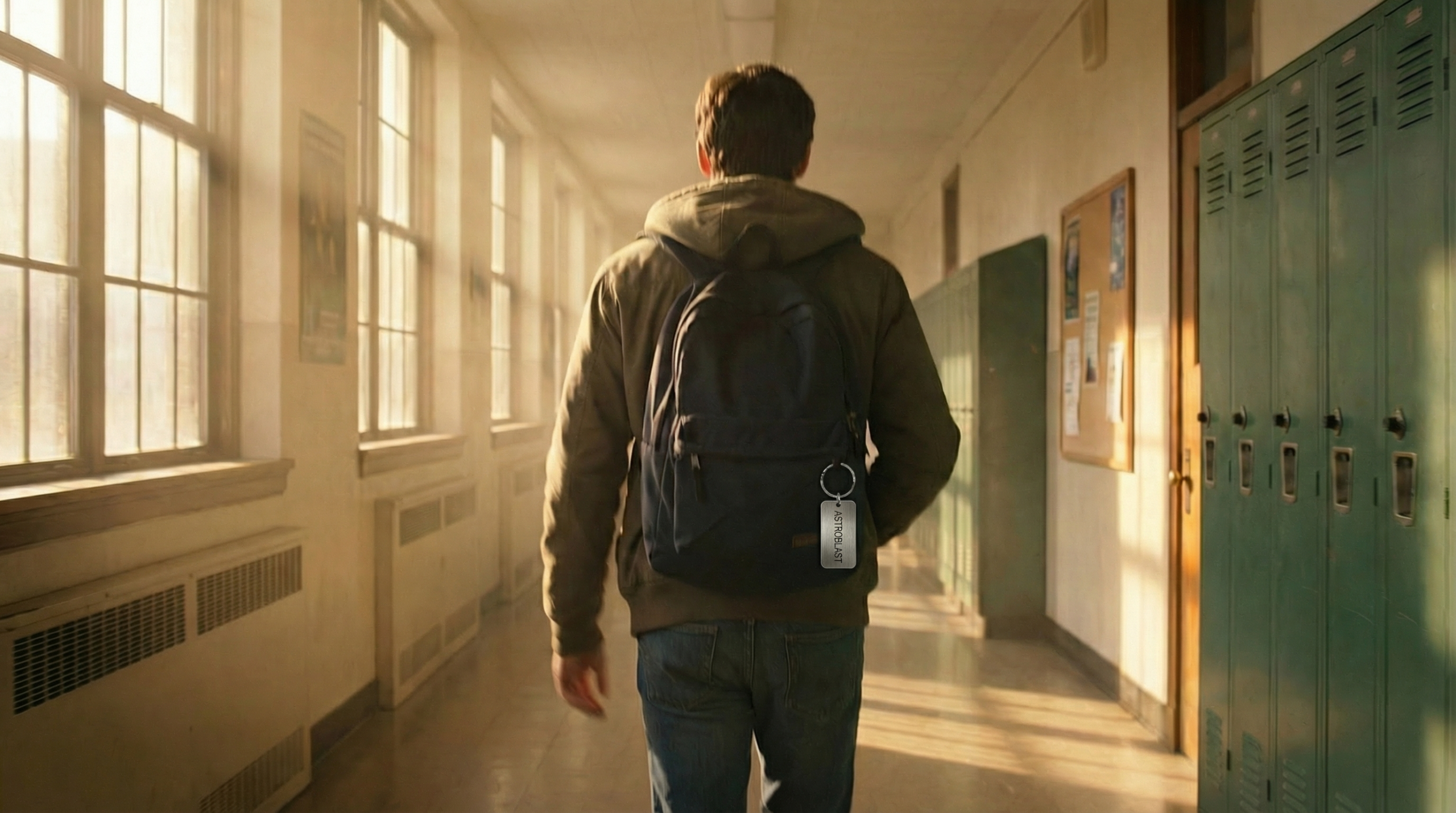 放課後の高校の廊下を歩く生徒の後ろ姿、バックパックにASTROBLASTのキーチェーン