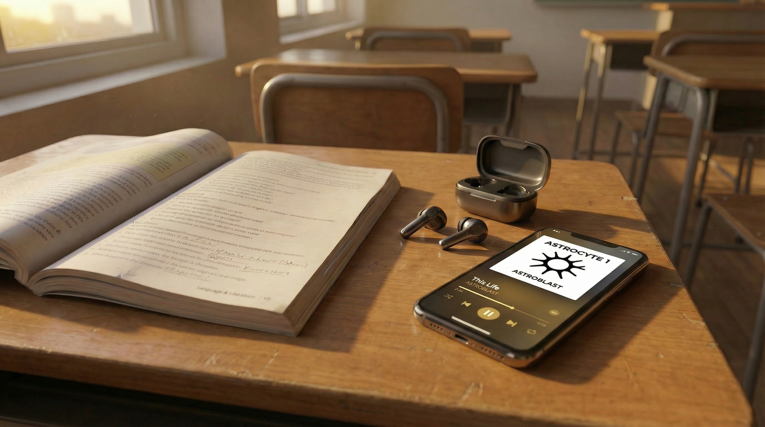 教室の机に英語教科書とワイヤレスイヤホン、スマートフォンの音楽プレイヤー画面