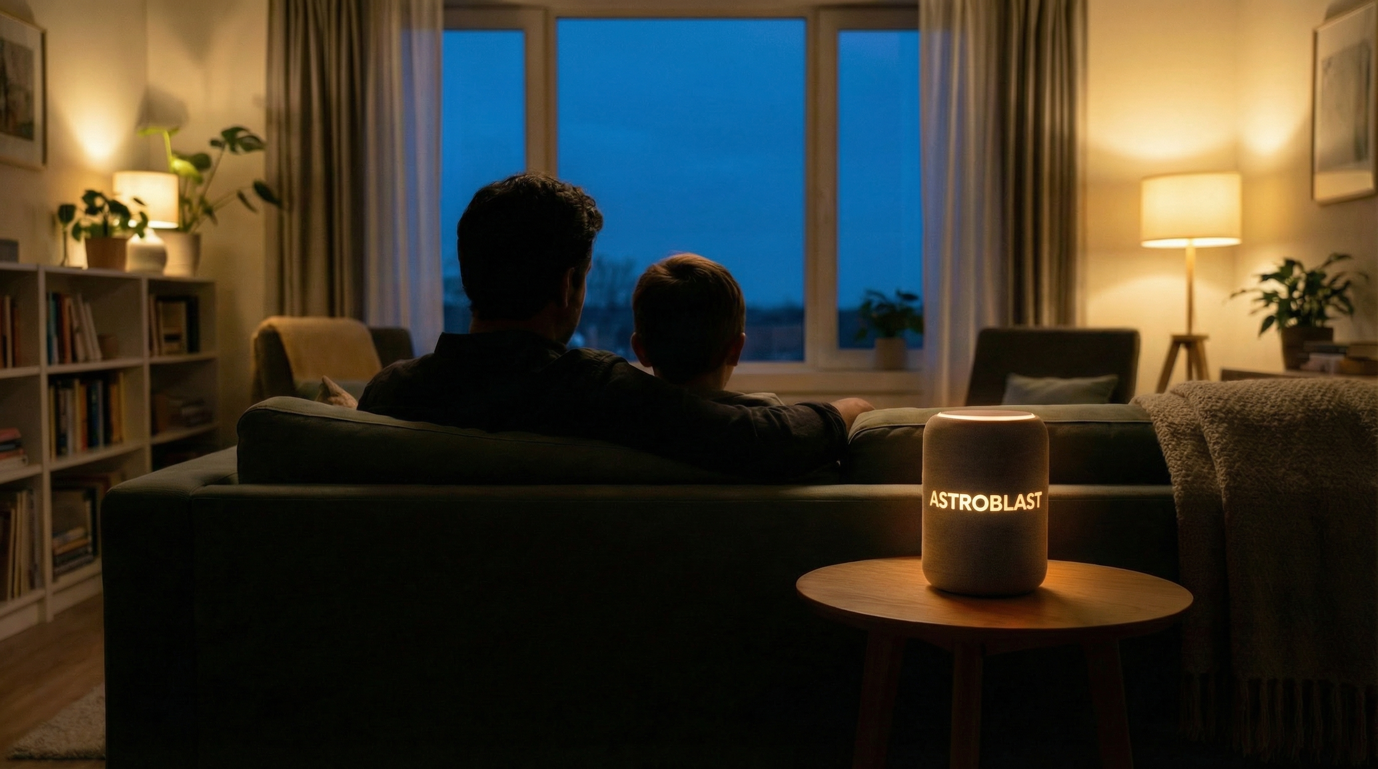 リビングで親子がスマートスピーカーを聴く