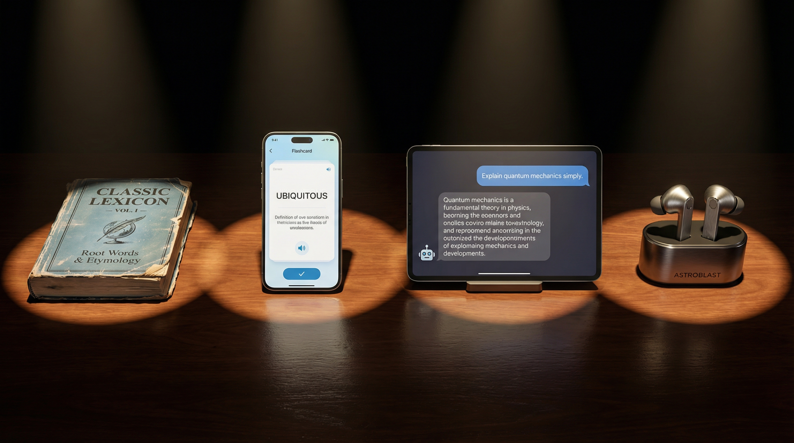 暗いテーブルに並ぶ4つの学習ツール──紙の単語帳、アプリ画面、AIチャットボット、ASTROBLASTイヤフォン