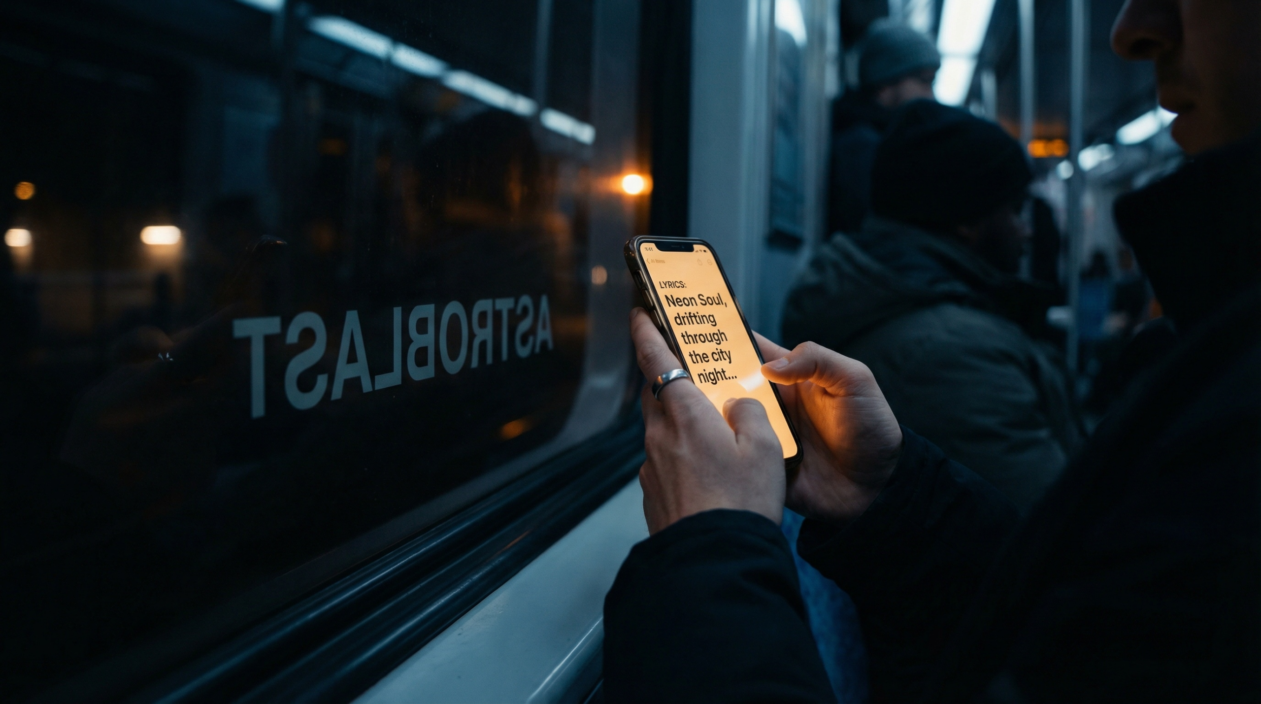 夜の通勤電車内でスマートフォンの歌詞を見る手元