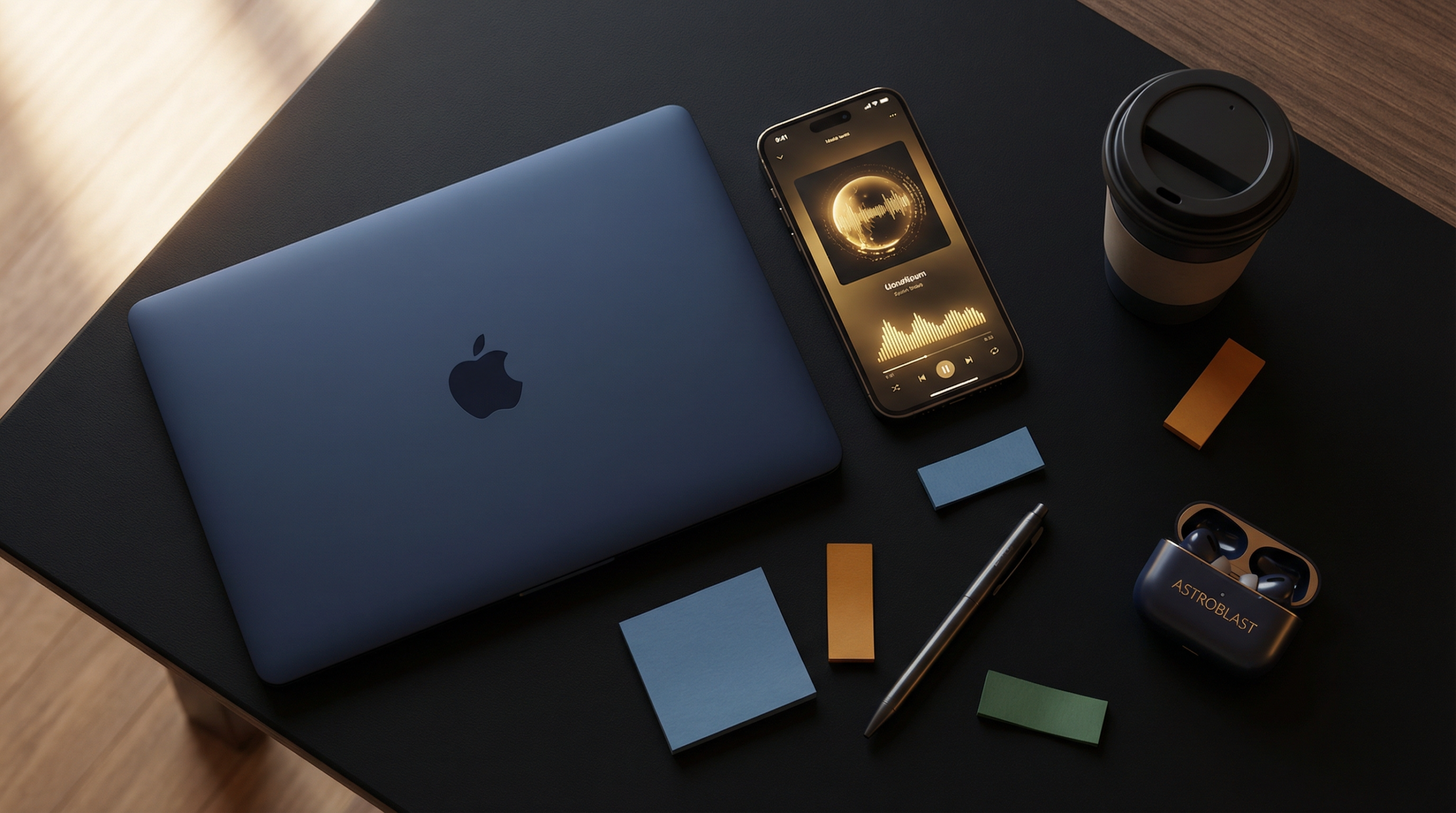 暗いデスクの上にMacBook、スマートフォン、付箋、イヤホンケース